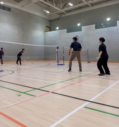A game of doubles badminton in an indoor sports hall