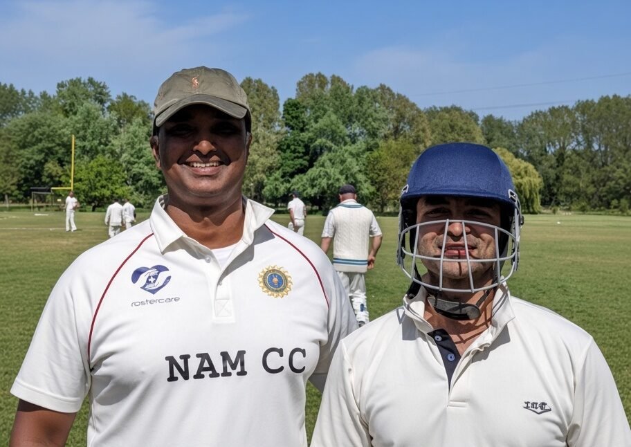 Two cricketers in whites on a sunny cricket ground, one wearing a batting helmet, with fielders in the background